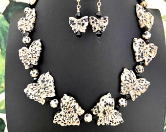 Dalmatian Jasper Necklace & Earrings Set: Butterfly Accent