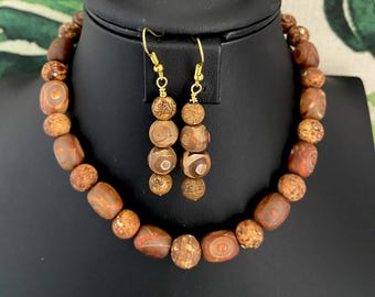 Tibetan DZI Agate Necklace & Earrings Set: Rustic Amulet Jewelry