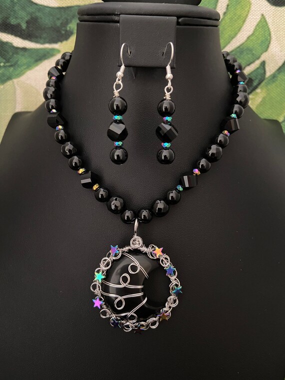 Obsidian Crescent Moon Necklace & Earring Set: Wire-Wrapped Black Onyx