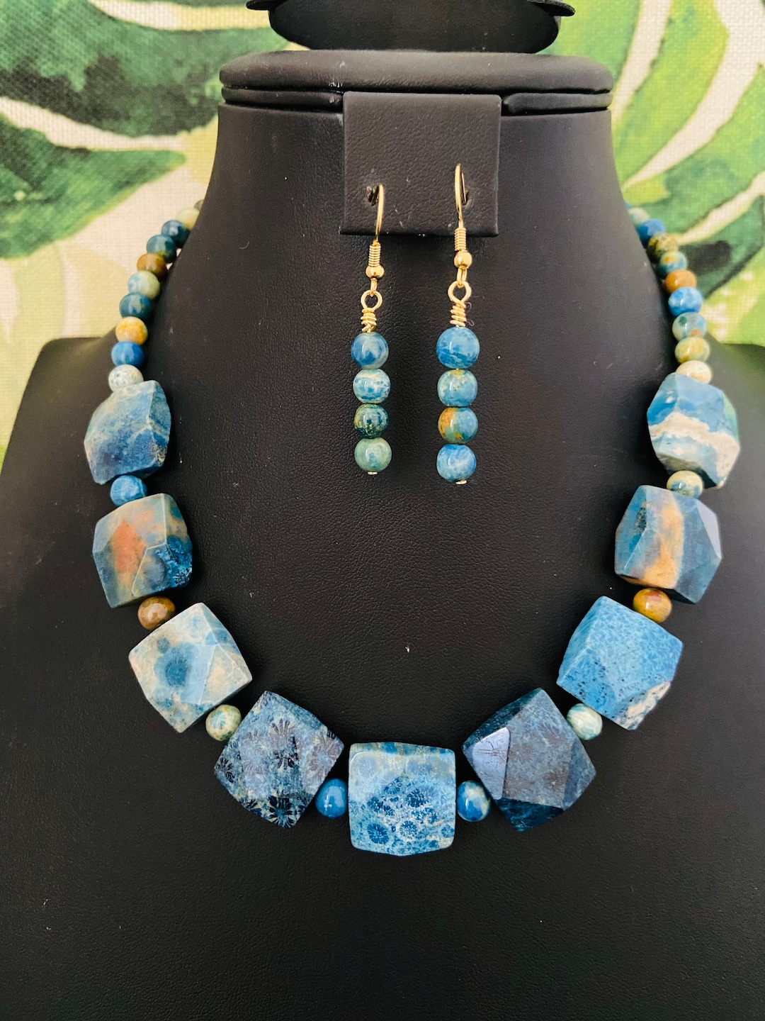 Blue Fossil Coral Necklace With Earrings, Blue Fossil Coral, Fossil