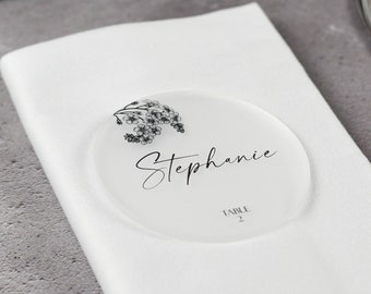 Acrylic Table Place Name, Wedding Table Décor, Round Personalised Place card, Printed Acrylic Guest Seating,