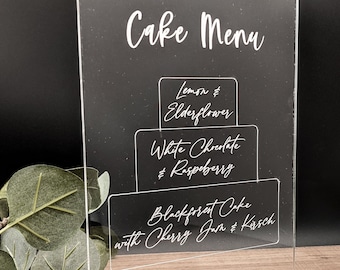 Acryl Kuchen Menüschild, Hochzeitstisch Deko, personalisierter Kuchenständer, graviertes Acryl Tischschild,