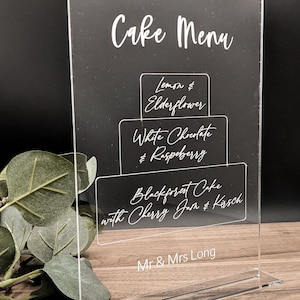 Acrylic Cake Menu Sign, Wedding Table Décor, Personalised Cake Stand, Engraved Acrylic Table Sign,