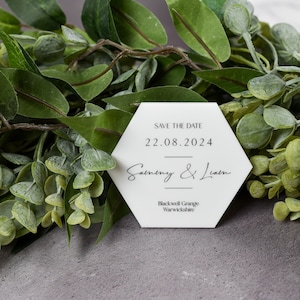 Hexagon Save the Date, Wedding Invite Décor, Personalised Date Plaque, Printed Acrylic Guest Invitation, With Envelopes