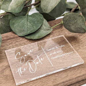 Acrylic Save the Date, Wedding Invite Décor, Personalised Date Plaque, Engraved Acrylic Guest Invitation