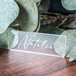 Nombre del lugar de la mesa de acrílico, decoración de la mesa de la boda, tarjeta de lugar personalizada, asientos de invitados de acrílico grabados,