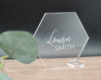 Acrylic Table Place Name, Wedding Table Décor, Hexagon Personalised Place card, Engraved Acrylic Guest Seating,