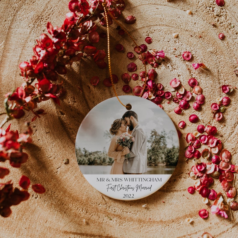 Mr & Mrs Photo Bauble, First Christmas Married, Wedding Christmas Décor, Round Personalised Xmas Hanging, Printed Ceramic Decoration Gift image 2