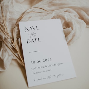 Minimal Save the Date, A6 Hochzeitseinladung Dekor, personalisierte Datum Plakette, bedruckte Karte Gasteinladung, 5x7 mit Umschlägen