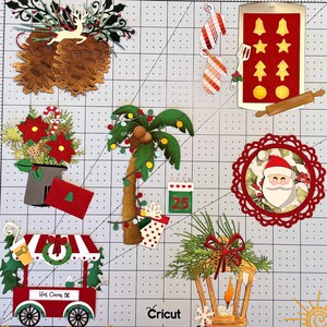 May include: A collection of Christmas-themed paper cutouts. Includes pine cones, a reindeer, poinsettias, a palm tree with lights, a Santa Claus, a hot cocoa stand, a calendar with the date 25, and a lantern. The text "Hot Cocoa 5¢" is visible.
