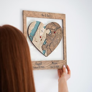 Zwei Orte, Holzpuzzle, gerahmt, Wand-/Regaldekor, 5-jähriges Jubiläumsgeschenk für Paare, personalisierte Hochzeitspuzzle, Familienreisekarte