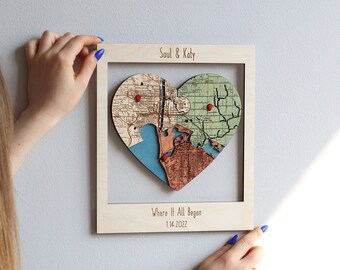 Newly Wed Gifts, Three Locations Heart Puzzle Map Wooden Framed Wall Art, Custom Wedding Shower Gift for Couple, Anniversary Gift for Wife