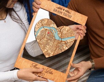 Moving In Together Map, Personalized Shared Home Wall Art, Layered Wood Heart Keepsake