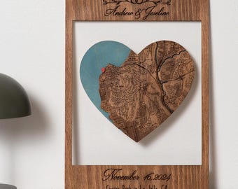 Heart Map Frame, Wedding Location Keepsake for Couple Anniversary Decor