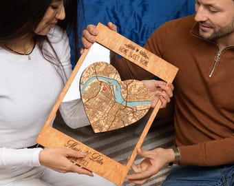 Personalized First Home Map: Wood Anniversary Gift, Framed Location Art