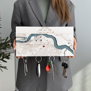 Magnetic Key Holder For Wall, New Home Improvement Gift, Custom City/Location Map, Personalised Wood Wall Art, Housewarming Couples Gifts