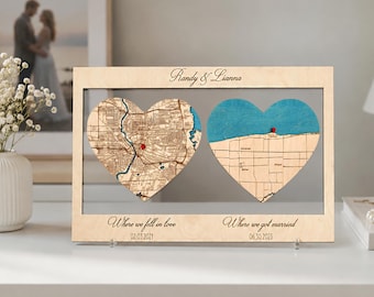 Fell In Love Map, Anniversary Gift for Couple, Romantic Wooden Keepsake