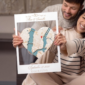 Engagement Map Frame, Wedding Gift for Couple, Personalized Wooden Heart Map, Anniversary Wall Art