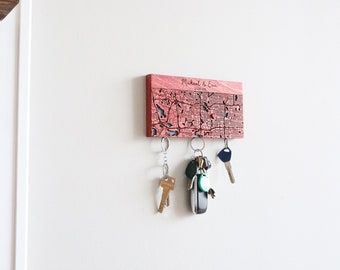 Custom Wooden Key Holder for Wall, Newly Wed Gifts for New Home, Map Location Wall Key Holder, Magnetic Key Organizer, Housewarming Gifts