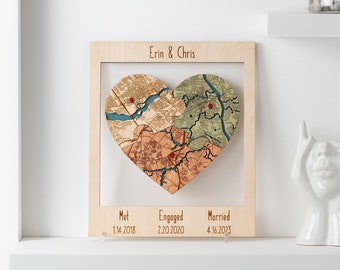 Personalized Three Locations Wooden Map, Anniversary Gift, Framed Wall Art