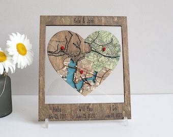 Three Locations Heart Puzzle Map Wooden Framed Wall Art, Hello Will You I Do/ Met Engaged Married Map, Newly Wed Gifts for Couple Unique