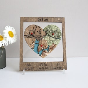 Hello Will You I Do Map, Three Locations Heart Puzzle Map Wooden Framed Wall Art, Newly Wed Gift, Wedding Anniversary Gift for Couple Unique EARL GREY