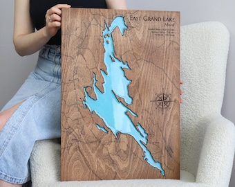 ANY LAKE/RIVER Epoxy Resin Map Art, Lake House Wall Décor, East Grand Lake Maine, Personalized Push Pin Travel Map, Lake Cabin Gift for Him