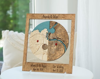 Two Location Puzzle Map, Wooden Framed Wall Art, Wedding Anniversary Gift for Her, Personalized Map, Apartment Decor, Unique Gift for Couple