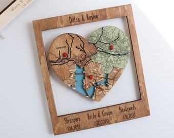 Newly Wed Gifts, Three Locations Heart Puzzle Map Wooden Framed Wall Art, Hello Will You I Do Map, Wedding Gifts for Couple Unique