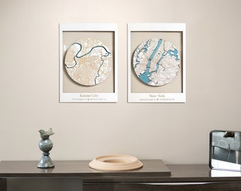 Custom City Map Wall Art Set Engraved on Wood, Any City Map, Office Wall Decor Wood, Framed City Map, Neutral Wall Art, Set of 2 Art