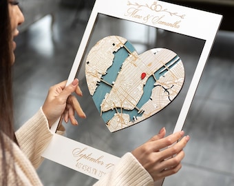 Engagement Map Gift for Couple, Custom Wood Keepsake Map Wall Art, Framed Wall Art, Engagement Coordinates Map, Engagement Gifts for Him