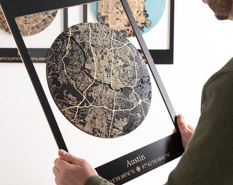 Austin Texas Wall Art, Custom City Map Engraved on Wood, Any City Map Wood Wall Art, Wood City Map with Frame, Boston City Map Glass
