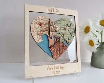 Where It All Began Map, Three Locations Heart Puzzle Map Wooden Framed Wall Art, Newly Wed Gifts, Personalized Gift for Couple Wall Decor