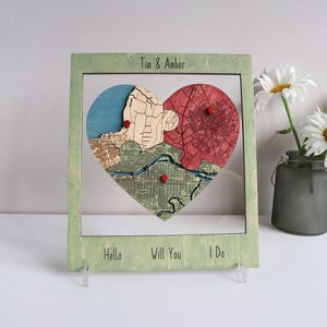 Hello Will You I Do Map, Three Locations Heart Puzzle Map Wooden Framed Wall Art, Newly Wed Gift, Wedding Anniversary Gift for Couple Unique image 1
