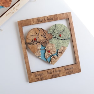Neu verheiratet Geschenke, drei Lagen Herz Puzzle Map Holz gerahmte Wandkunst, Hallo werde ich Puzzle machen, Hochzeitsgeschenke, Paare Reisekarte