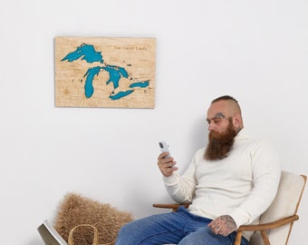 3D Great Lakes Wall Art, Great Lakes Wood & Epoxy Map, Laser Engraved Custom Lake Map, Wood Epoxy Wall Art, Lake House Gifts, Farmhouse Gift