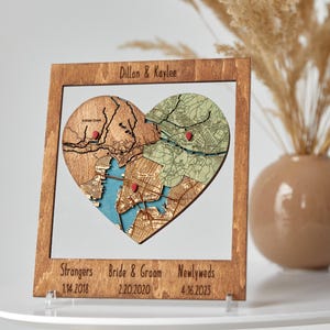 Gepersonaliseerde puzzelkaart - cadeau koppel 5e huwelijksverjaardag, aangepaste locaties ingelijste houten muurkunst