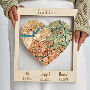 Personalized Wooden Map, Three Locations Heart Puzzle, Framed Wedding Gift