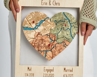 Personalized Wooden Map, Three Locations Heart Puzzle, Framed Wedding Gift