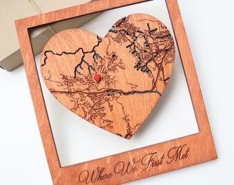 Personalized Heart Map, Wood 5th Anniversary Couples Gift