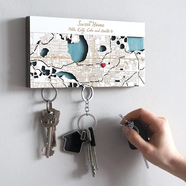 Llavero con mapa de la ciudad personalizado, decoración moderna de madera para apartamentos.