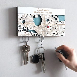 Magnetic Key Holder For Wall, Custom Wooden Location Map Family Key Organizer, Our First Home/New Home Housewarming Gift, Key Hook for Wall