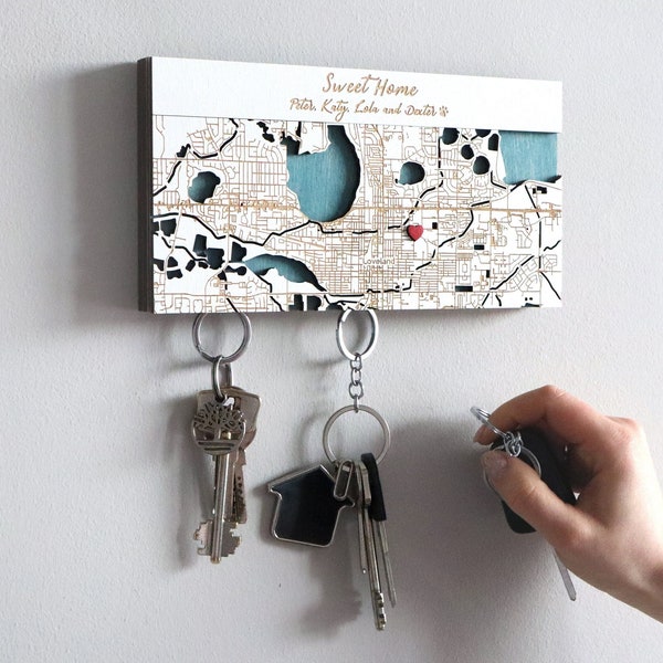 Magnetic Key Holder For Wall, Custom Wooden Location Map Family Key Organizer, Our First Home/New Home Housewarming Gift, Key Hook for Wall