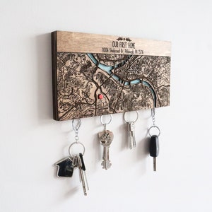 Our First Home Map, Magnetic Key Holder For Wall, Custom Coordinates Wood Map Key Organizer, Housewarming Gift for Couple image 2