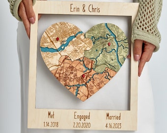 Met Engaged Married  Map, Three Locations Heart Puzzle Map Wooden Framed Wall Art, Newly Wed Gift, Wedding Anniversary Gift for Couple