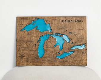 Great Lakes Wood & Epoxy Map, 3D Great Lakes Wall Art, Laser Engraved Custom Lake Map, Wood Epoxy Wall Art, Lake House Gifts, Gifts for Dad