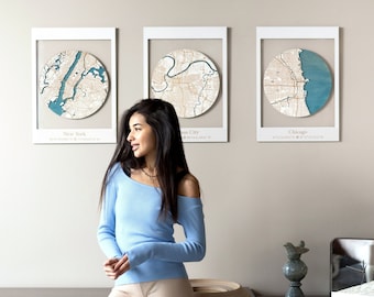 Set of 3 City Maps, Custom City Map Engraved on Wood, Any City Map Wood Wall Art, Custom Map Gift, Framed City Map, Modern Wall Decor