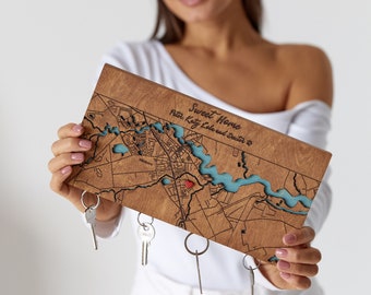 Housewarming Gift First Home, Magnetic Key Holder For Wall, Custom Wooden Location Map Family Key Organizer, Key Hook for Wall