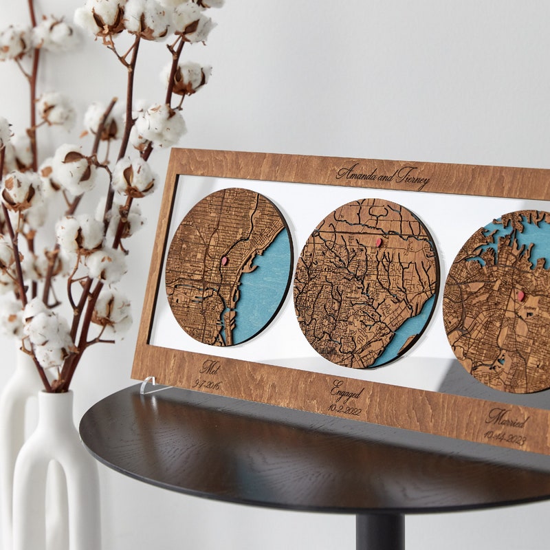 Met Engaged Married Custom Wooden Map, First Date Map, Newly Married Gifts, Couples Travel Map Wall Art, Wedding Anniversary Gift for Couple