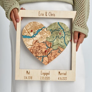 Met Engaged Married  Map, Three Locations Heart Puzzle Map Wooden Framed Wall Art, Newly Wed Gift, Wedding Anniversary Gift for Couple